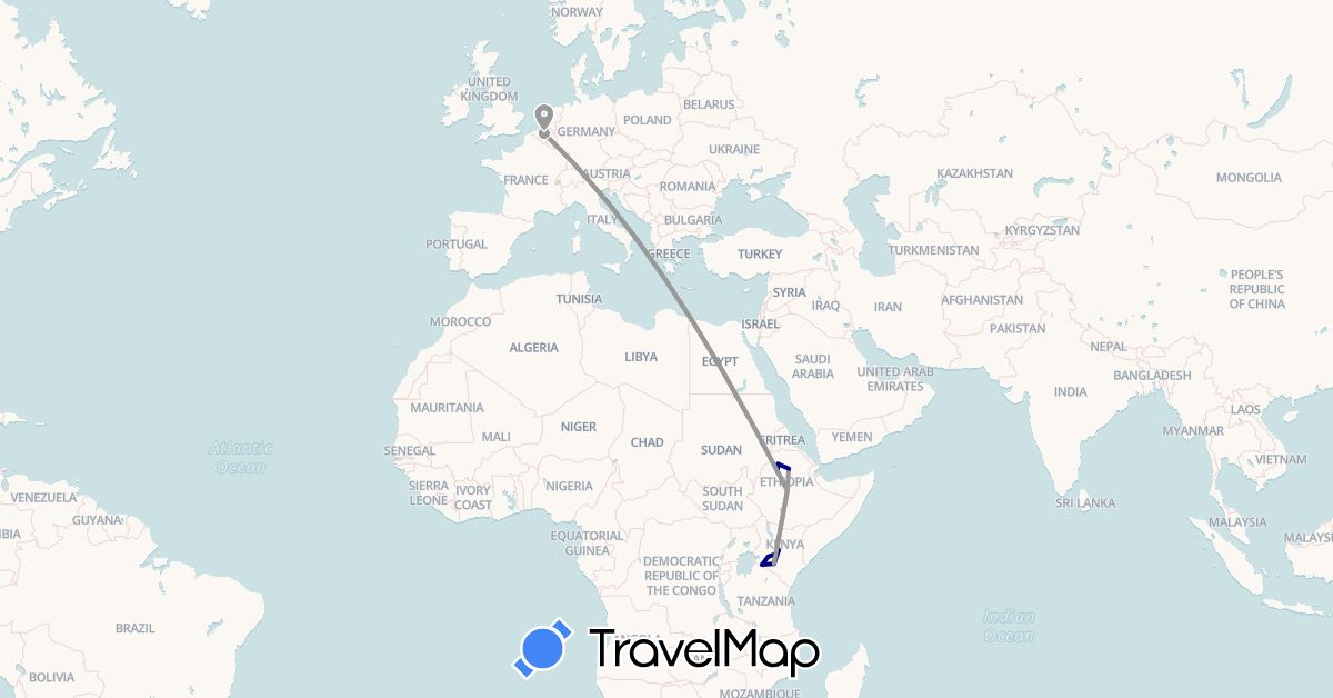 TravelMap itinerary: driving, plane in Belgium, Ethiopia, Kenya (Africa, Europe)